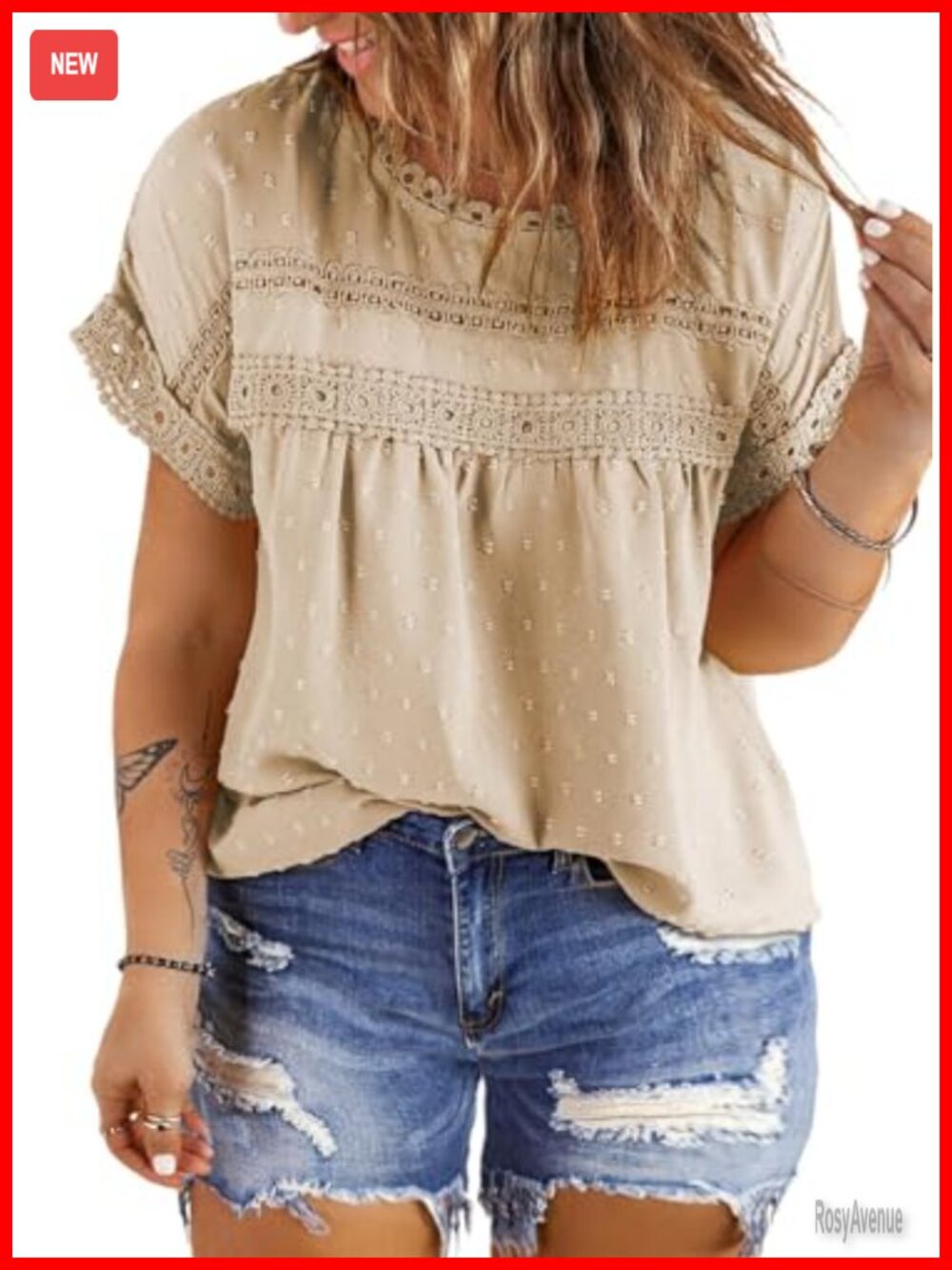 Plus Size Boho Chiffon Blouse Short Sleeve Crewneck Lace Swiss Dots Top